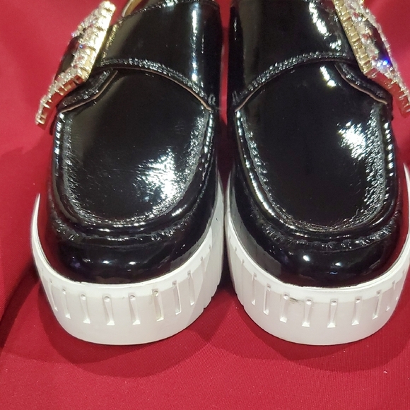 Silent D Black and White Platform Loafers with Silver Buckles - Picture 9 of 11